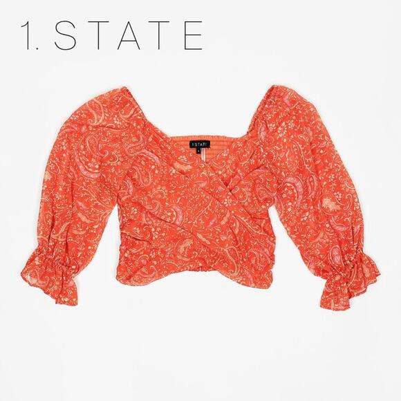 1. State Paisley Print Top Small Orange Cropped Vibrant Boho Festival Summer - Picture 12 of 12